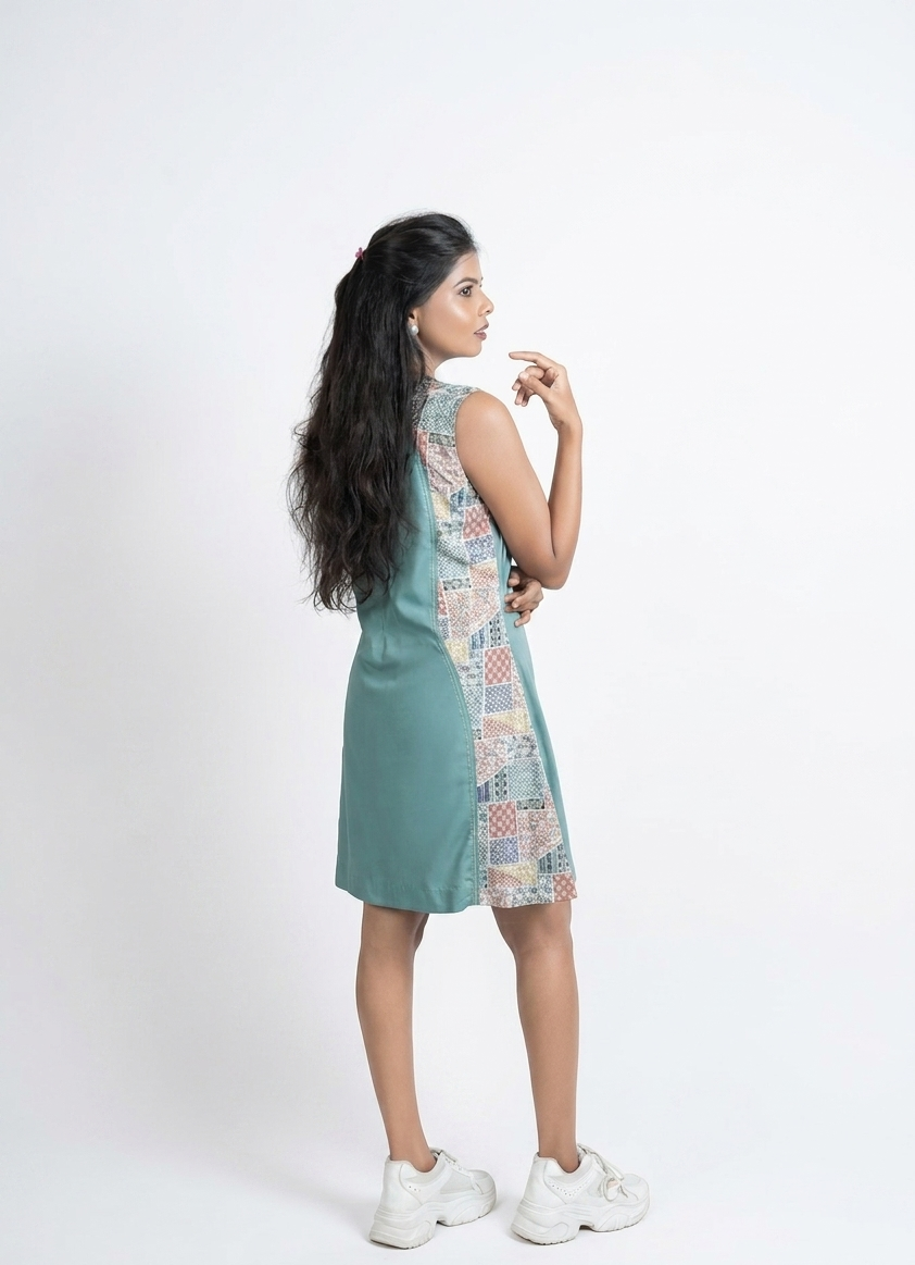 Chic Teal Color-Block Shift Dress - Image 2